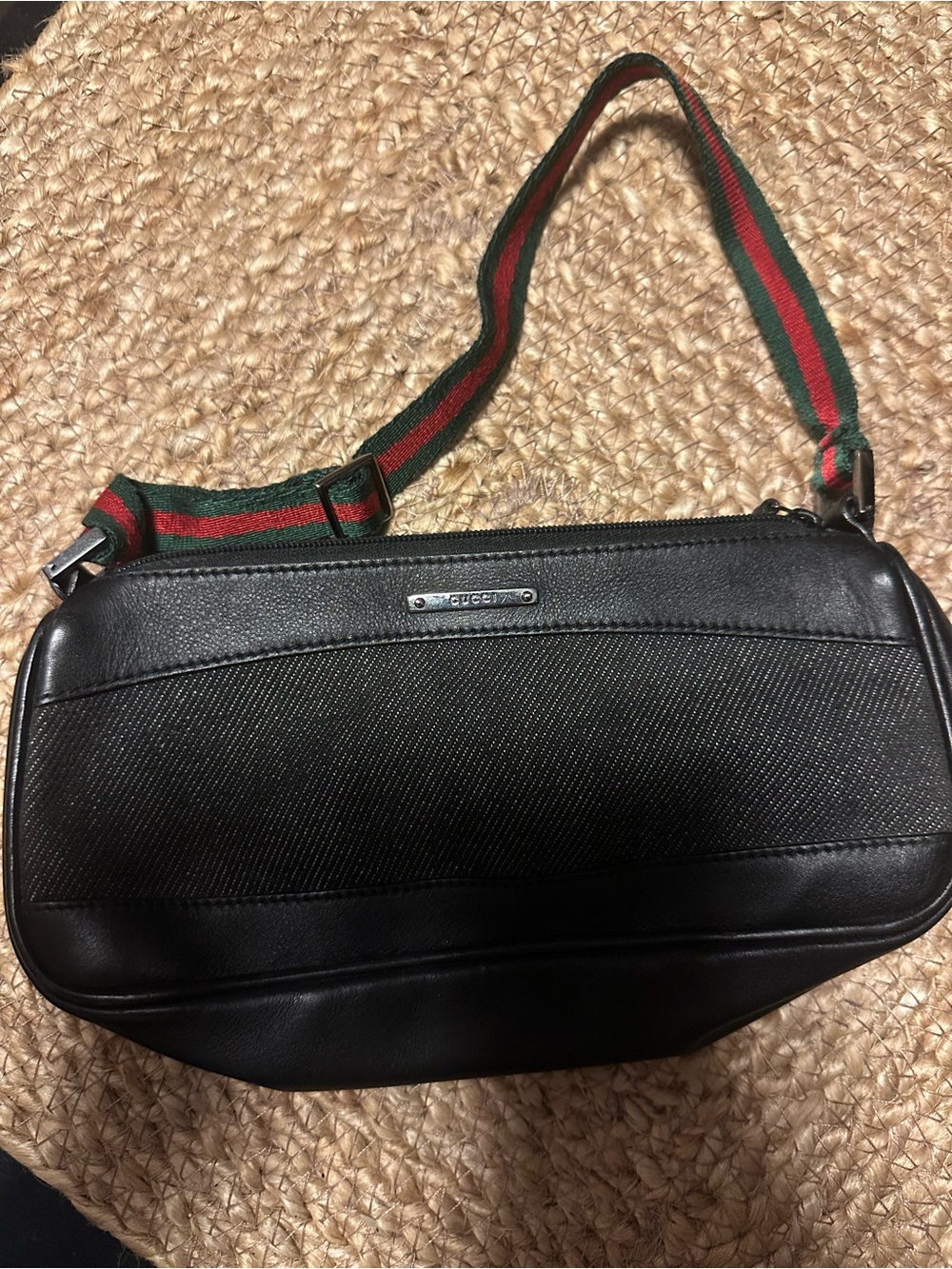Gucci Web Sherry Line Mini Shoulder Bag Black Canvas Leather Silver Hardware